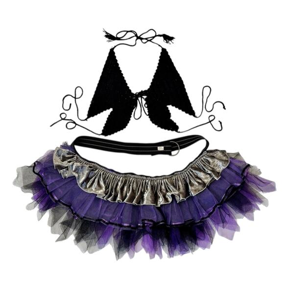 Y2K Crochet Butterfly Top Velvet Mesh Tutu Outfit Gothic Festival Cyberpunk OS - Picture 2 of 15